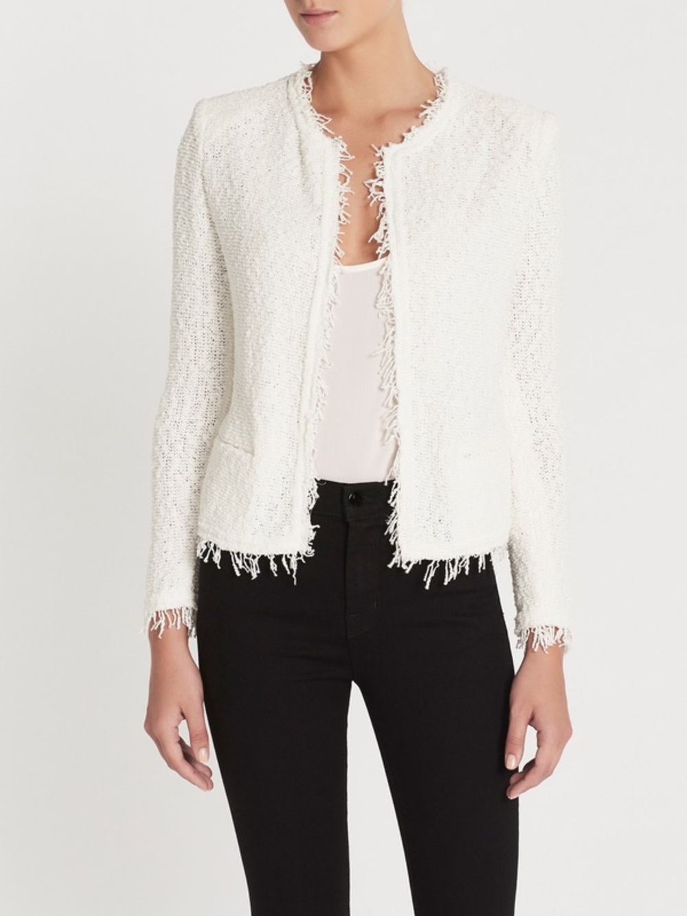 IRO Shavani White Knit Fringed Open Front Jacket Sz-34